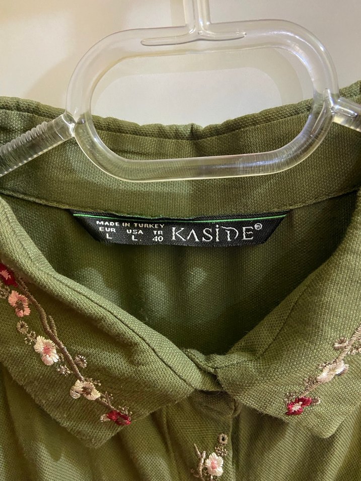 Nakışlı Kadın Keten Gömlek - Haki - Görsel 3