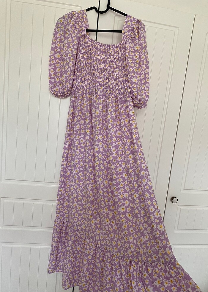 Beli lastikli papatyalı viskon elbise - Görsel 3