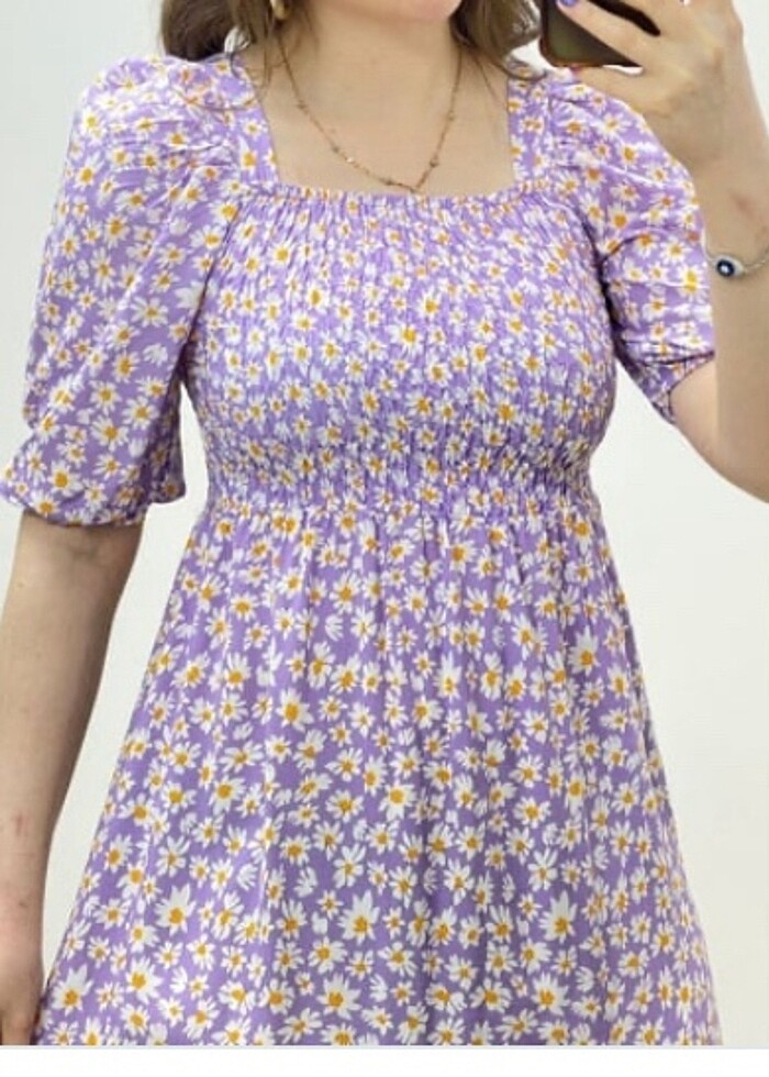 Beli lastikli papatyalı viskon elbise - Görsel 5