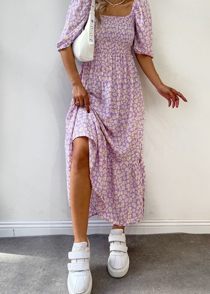 Beli lastikli papatyalı viskon elbise - Görsel 2