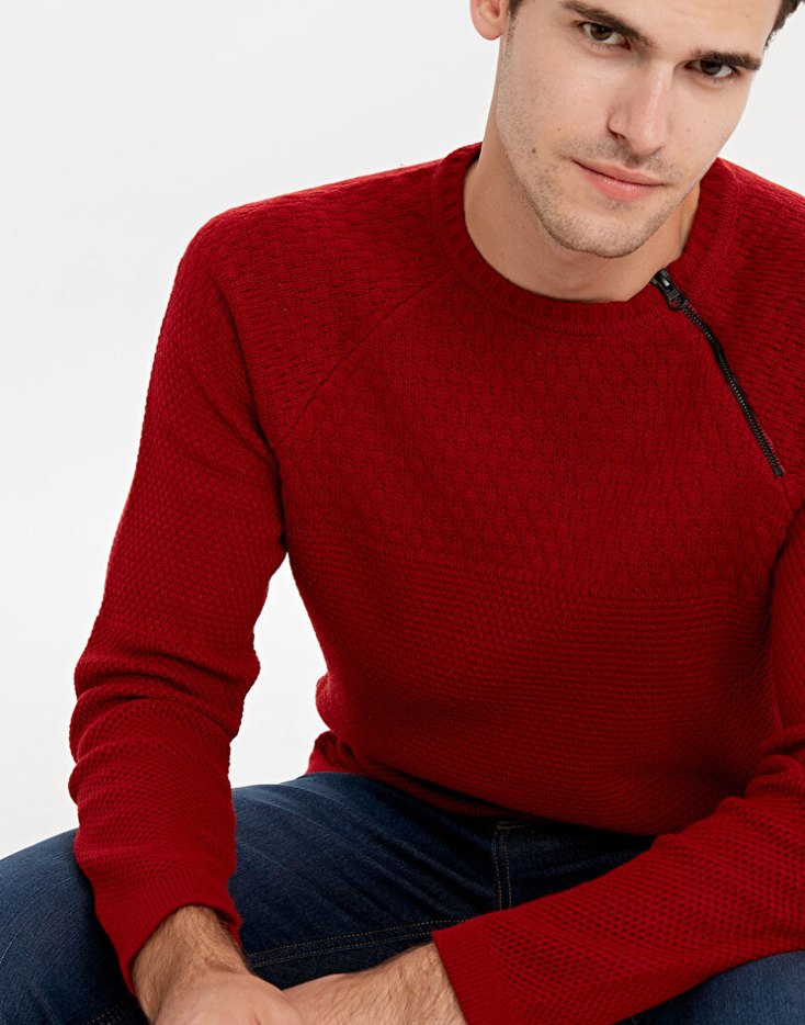 Kırmızı Fermuarlı Erkek kazak - Görsel 2