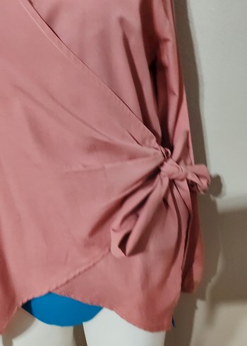 Pembe V Yaka Uzun Kollu Salaş Bluz - Görsel 3