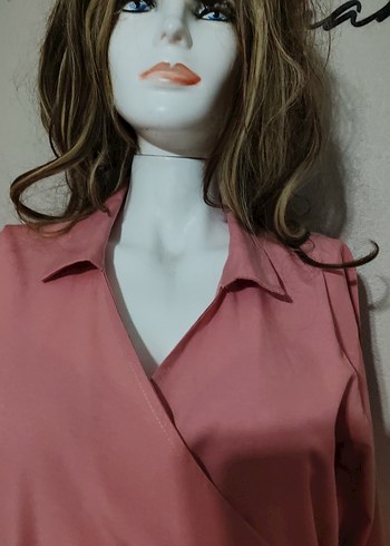 Pembe V Yaka Uzun Kollu Salaş Bluz - Görsel 4