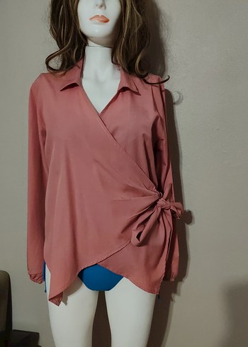 Pembe V Yaka Uzun Kollu Salaş Bluz - Görsel 2