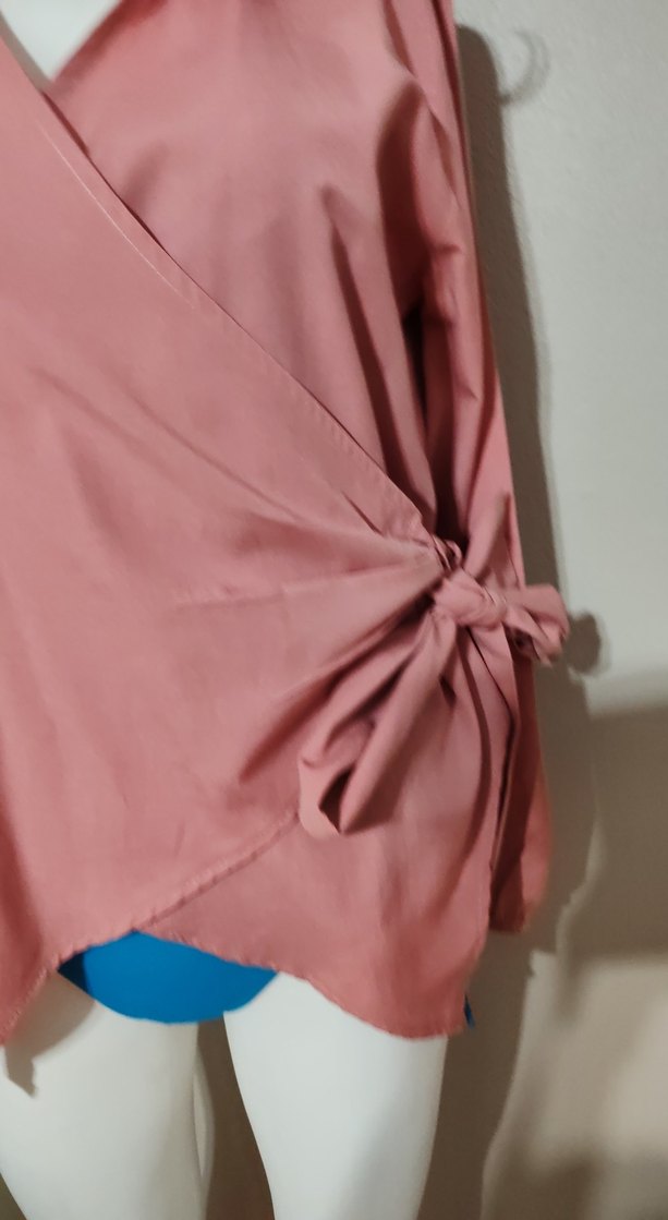 Pembe V Yaka Uzun Kollu Salaş Bluz - Görsel 3