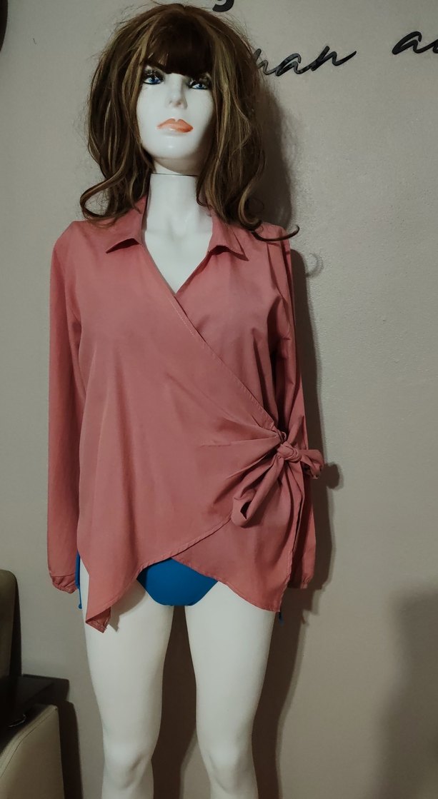 Pembe V Yaka Uzun Kollu Salaş Bluz - Görsel 2