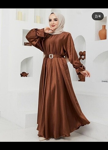 Zara Kemerli taşlı saten tesettür elbise