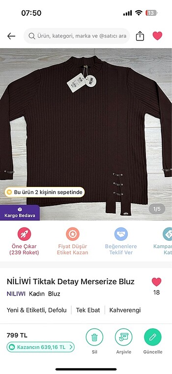NİLİWİ Tiktak Detay Merserize Bluz Standart 1 beden 38-42 beden 