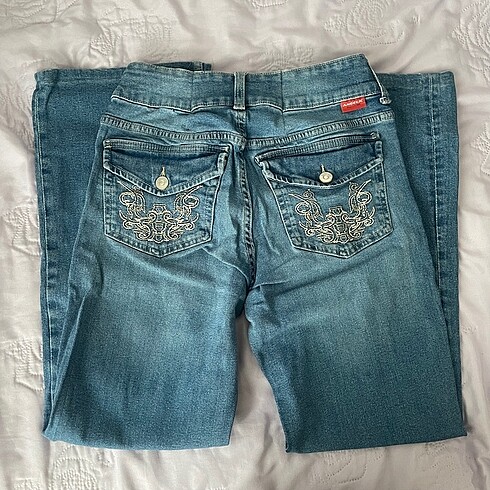 low rise flare cep baskılı jean
