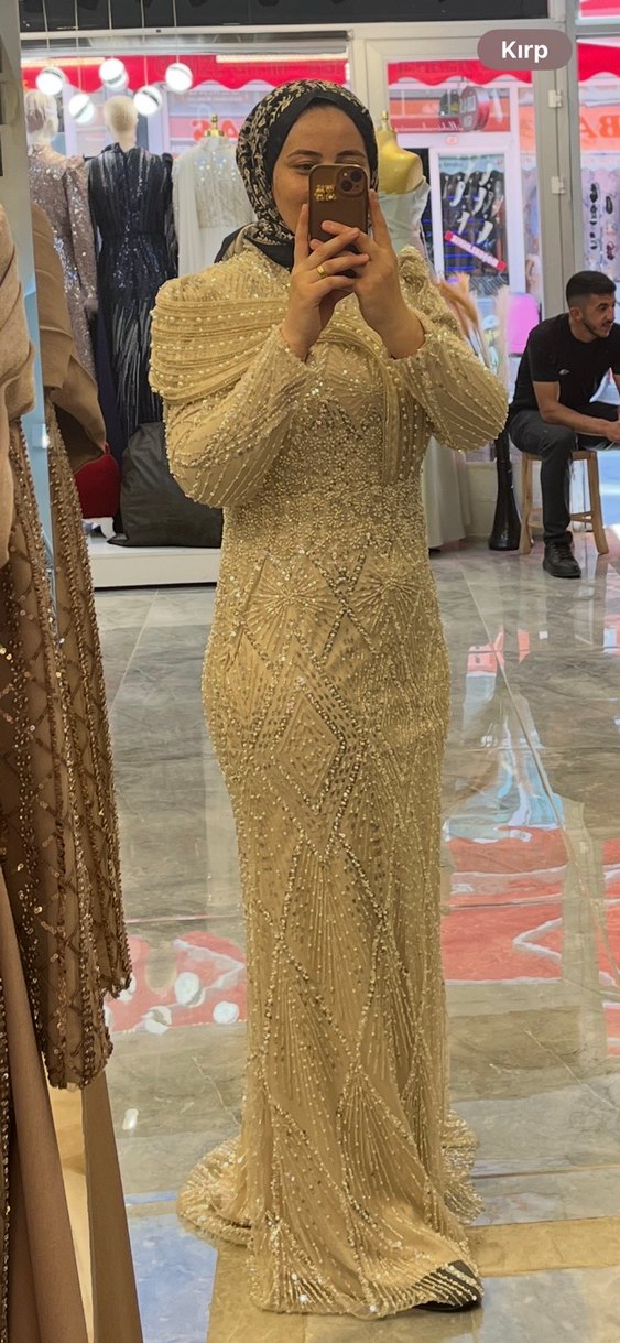 Boncuk İşlemeli Uzun Bej Abiye Elbise - Görsel 2