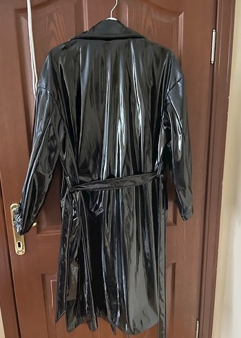 Kadın Parlak Siyah Uzun Deri Trençkot Ceket Juste - Görsel 2