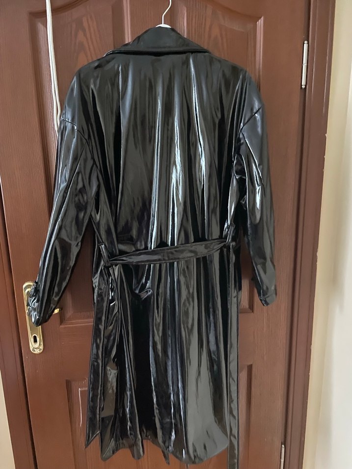 Kadın Parlak Siyah Uzun Deri Trençkot Ceket Juste - Görsel 2