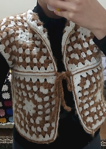 El Örgüsü Granny Kare Yelek | Bağlamalı Bohem Vintage Model - Görsel 2