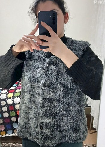 Peluş Dokulu El Örgüsü Yelek | Düğmeli Oversize Kışlık Model - Görsel 2