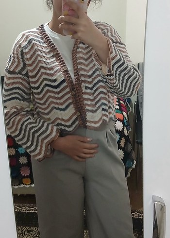 El Örgüsü Dalga Desen Hırka | Düğmeli Oversize Bohem Model - Görsel 5