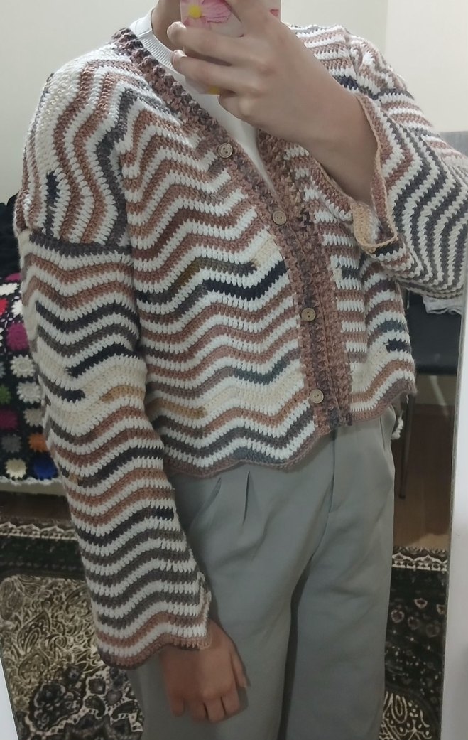 El Örgüsü Dalga Desen Hırka | Düğmeli Oversize Bohem Model - Görsel 3