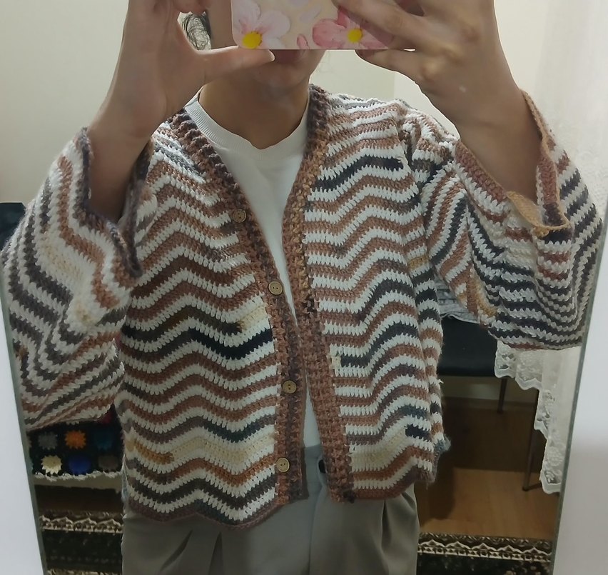 El Örgüsü Dalga Desen Hırka | Düğmeli Oversize Bohem Model - Görsel 2