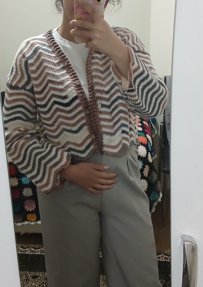 El Örgüsü Dalga Desen Hırka | Düğmeli Oversize Bohem Model - Görsel 5