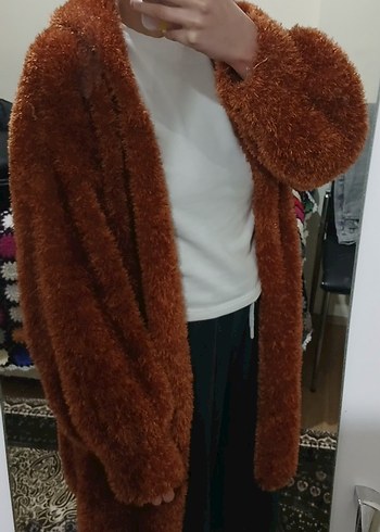 Uzun Salaş Kapüşonlu Peluş Hırka | Diz Üstü | Oversize - Görsel 3