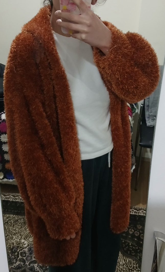 Uzun Salaş Kapüşonlu Peluş Hırka | Diz Üstü | Oversize - Görsel 3