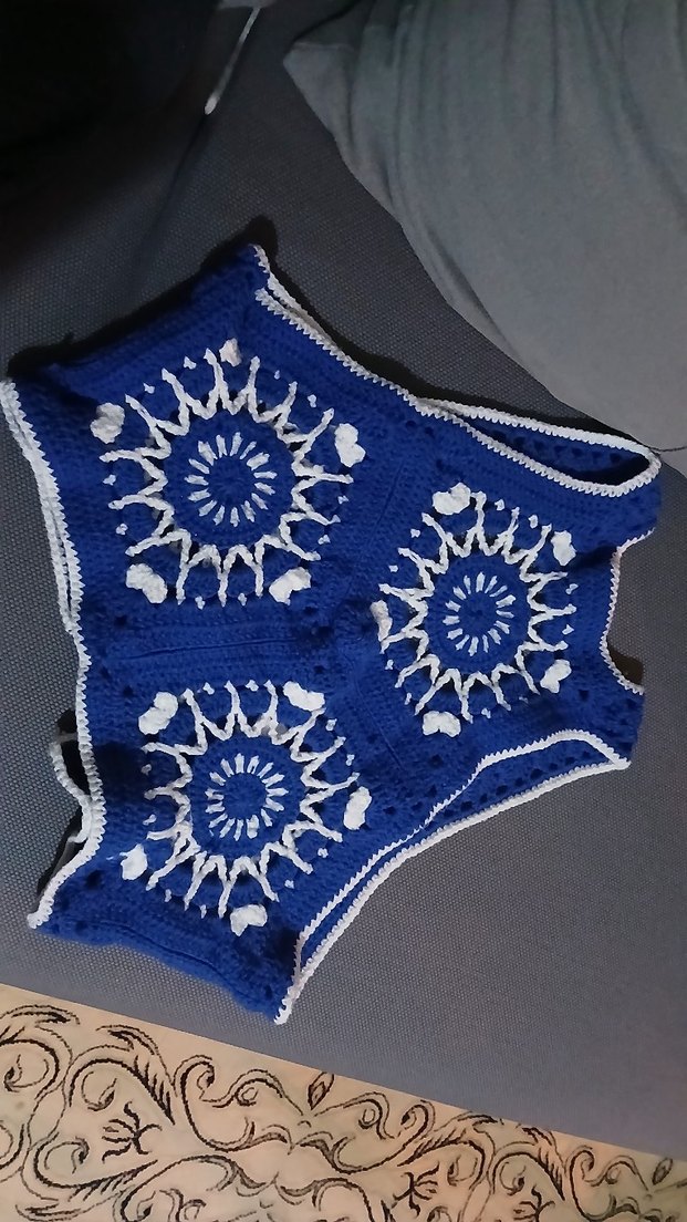 El Örgüsü Mavi Beyaz Güneş Desenli Yelek  Bohem Vintage - Görsel 2