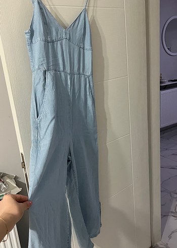 Bershka Uzun Askılı Mavi Denim Tulum