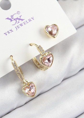 Pembe Mini Kalp İşlemeli Küpe Seti Pirinc gold renk