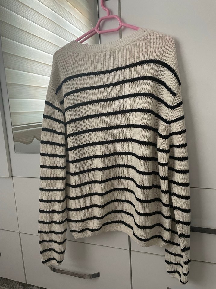 Bej Çizgili Triko Kadın Hırka - Görsel 3