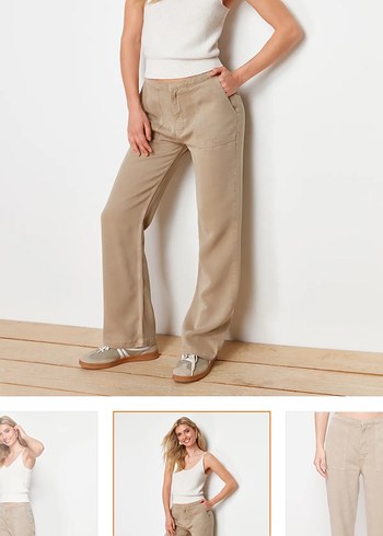 Bej Kadın Pamuk Kumaş Rahat Kesim Pantolon - Görsel 3