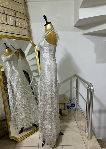 Nakışlı Beyaz Uzun Abiye Elbise - Görsel 2