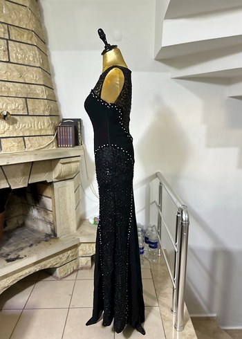 İşlemeli Siyah Uzun Kadın Abiye Elbise - Görsel 2