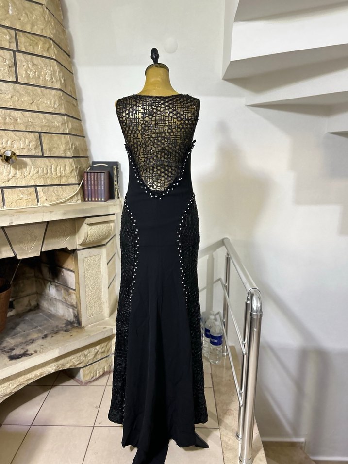 İşlemeli Siyah Uzun Kadın Abiye Elbise - Görsel 3