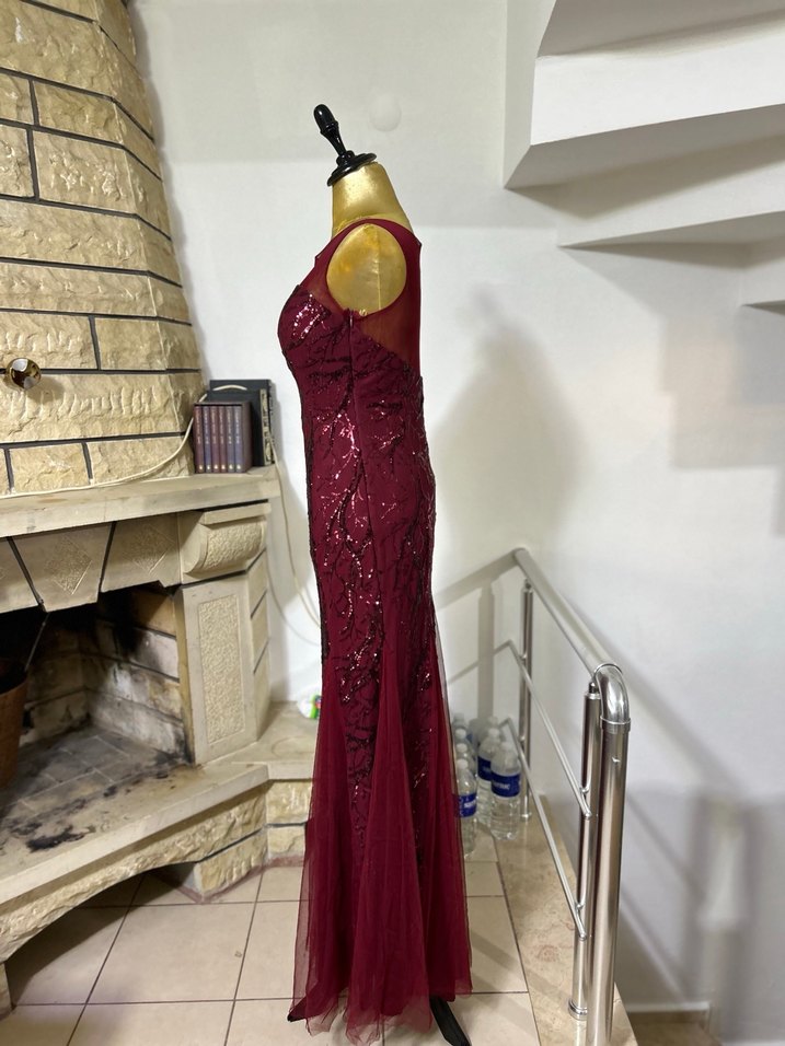 Bordo İşlemeli Boncuklu Uzun Abiye Elbise - Görsel 2