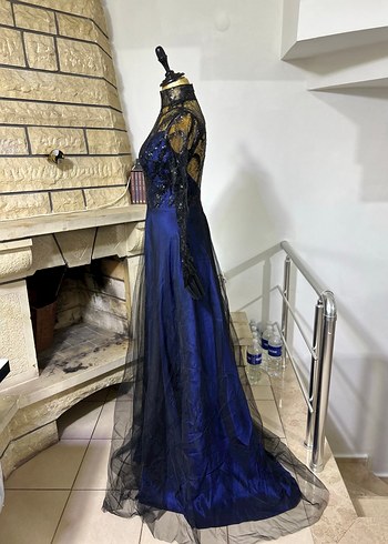 Lacivert Uzun Kollu Gotik Abiye Elbise - Görsel 2