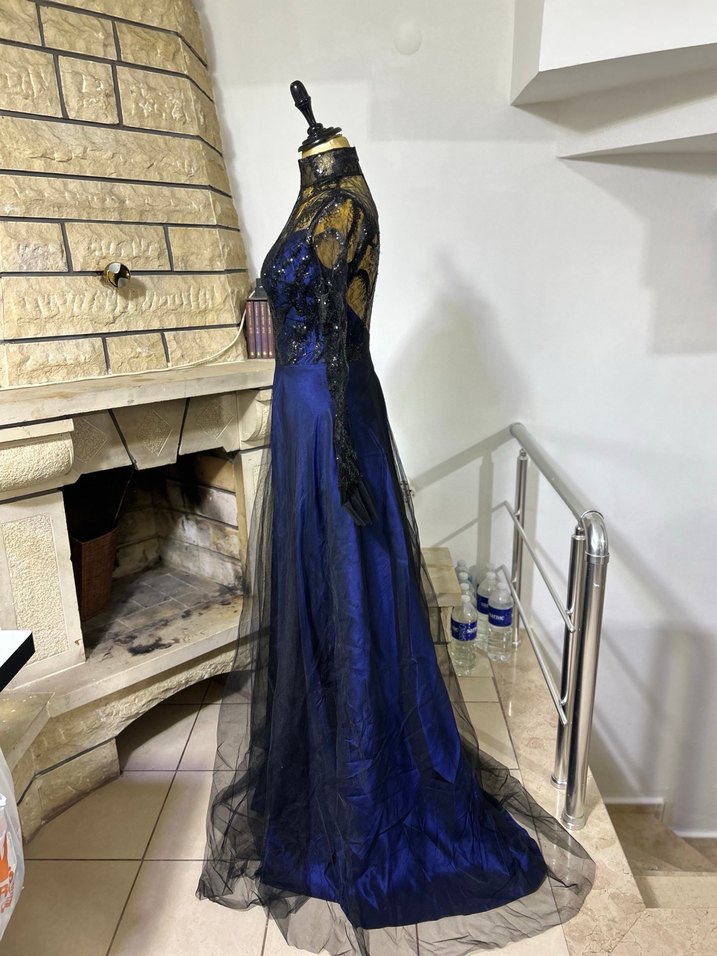 Lacivert Uzun Kollu Gotik Abiye Elbise - Görsel 2