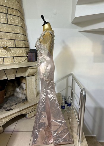 Bej İşlemeli Uzun Kollu V Yaka Abiye - Görsel 2