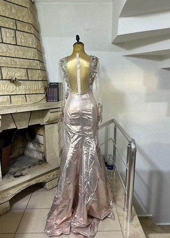 Bej İşlemeli Uzun Kollu V Yaka Abiye - Görsel 3