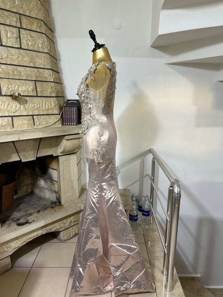 Bej İşlemeli Uzun Kollu V Yaka Abiye - Görsel 2