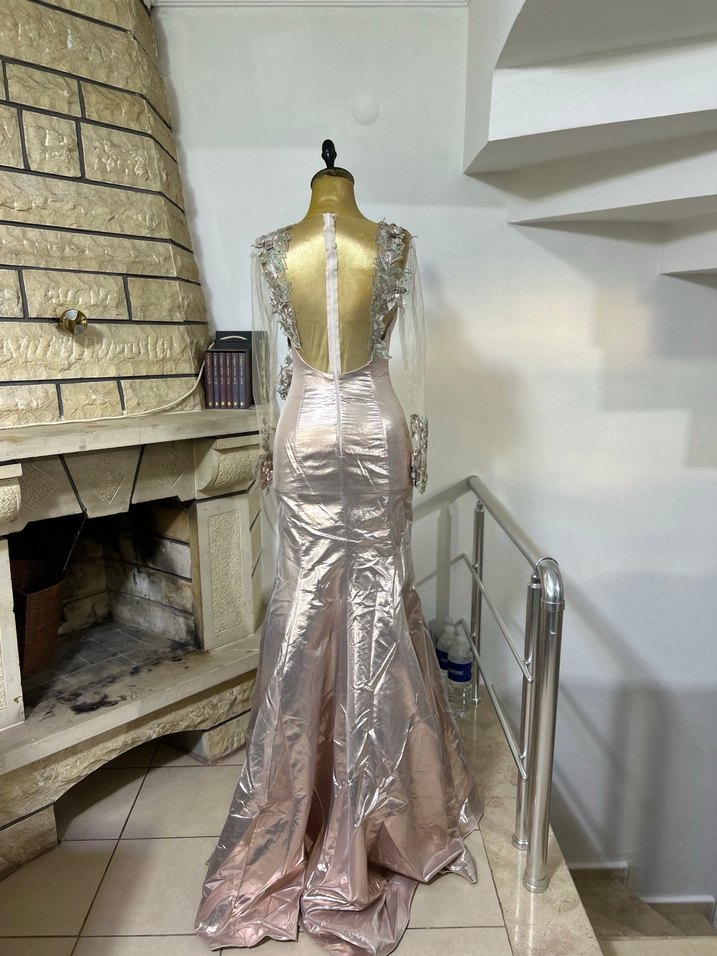 Bej İşlemeli Uzun Kollu V Yaka Abiye - Görsel 3