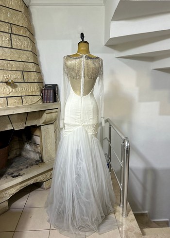 Beyaz Straplez Uzun Drapeli Nişan Elbisesi - Görsel 3