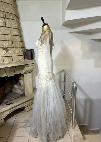 Beyaz Straplez Uzun Drapeli Nişan Elbisesi - Görsel 2