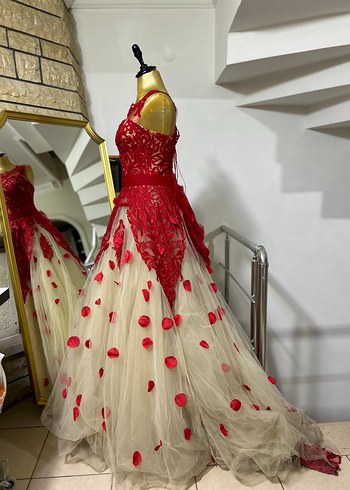 Kırmızı Nakışlı Dantel Uzun Abiye - Görsel 2