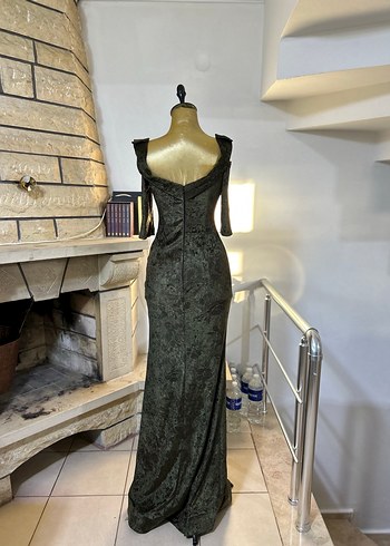 Siyah V Yaka Uzun Drapeli Abiye Elbise - Görsel 3