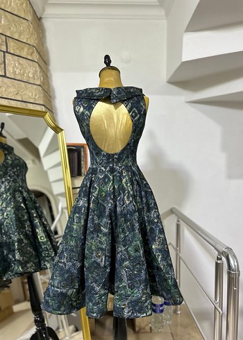 Vintage Desenli Lacivert Uzun Abiye Elbise - Görsel 3