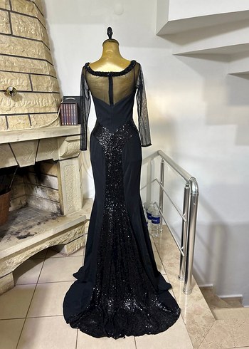 Siyah Drapeli Uzun Kollu Gotik Abiye Elbise - Görsel 3