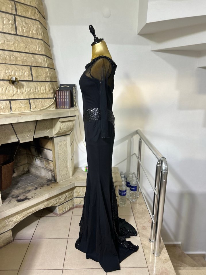 Siyah Drapeli Uzun Kollu Gotik Abiye Elbise - Görsel 2