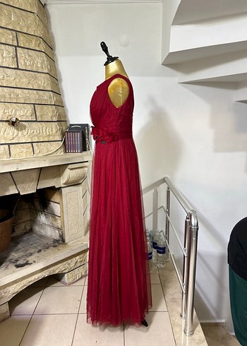 Bordo Uzun Drapeli Vintage Kadın Abiye Elbise - Görsel 2