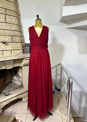 Bordo Uzun Drapeli Vintage Kadın Abiye Elbise - Görsel 3