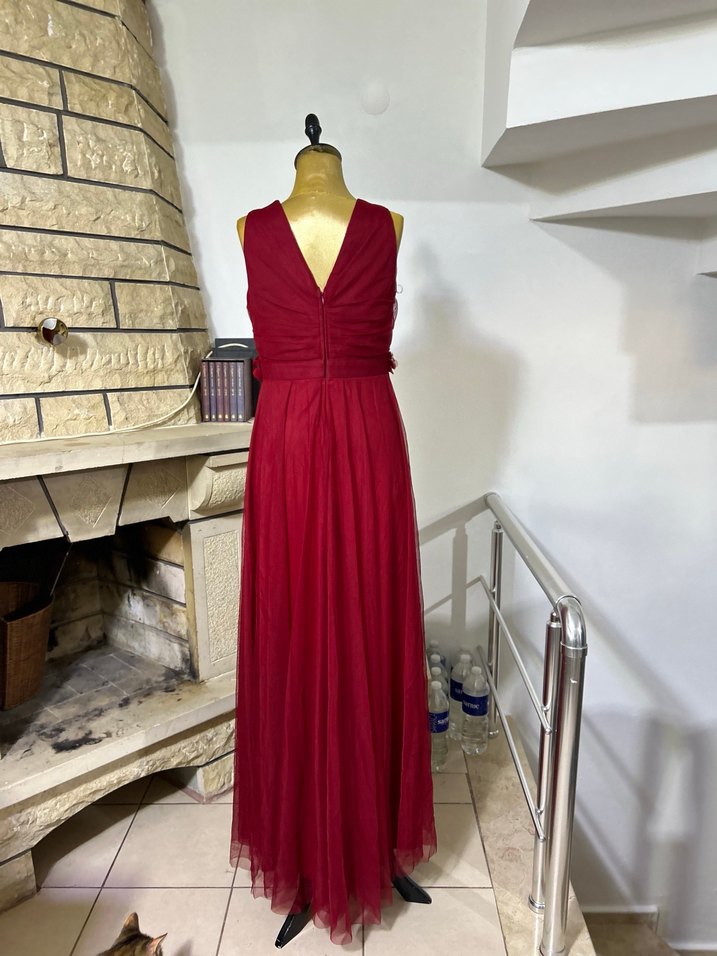 Bordo Uzun Drapeli Vintage Kadın Abiye Elbise - Görsel 3