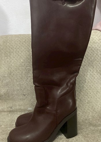 Kahverengi Deri Dizüstü Stiletto Çizme - Görsel 2